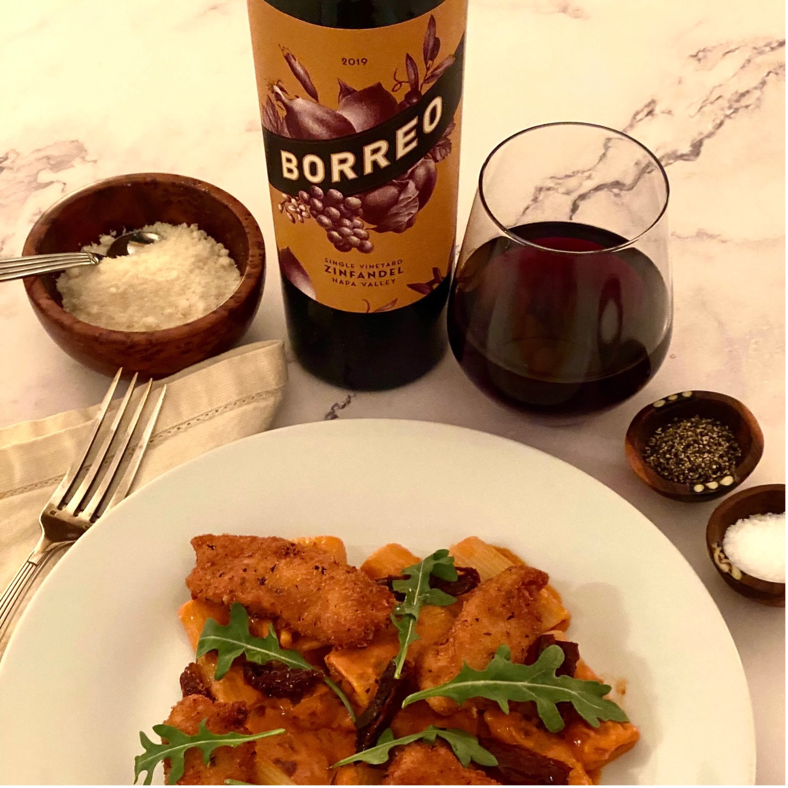 Rigatoni a la Vodka with Sundried Tomato and Crispy Chicken